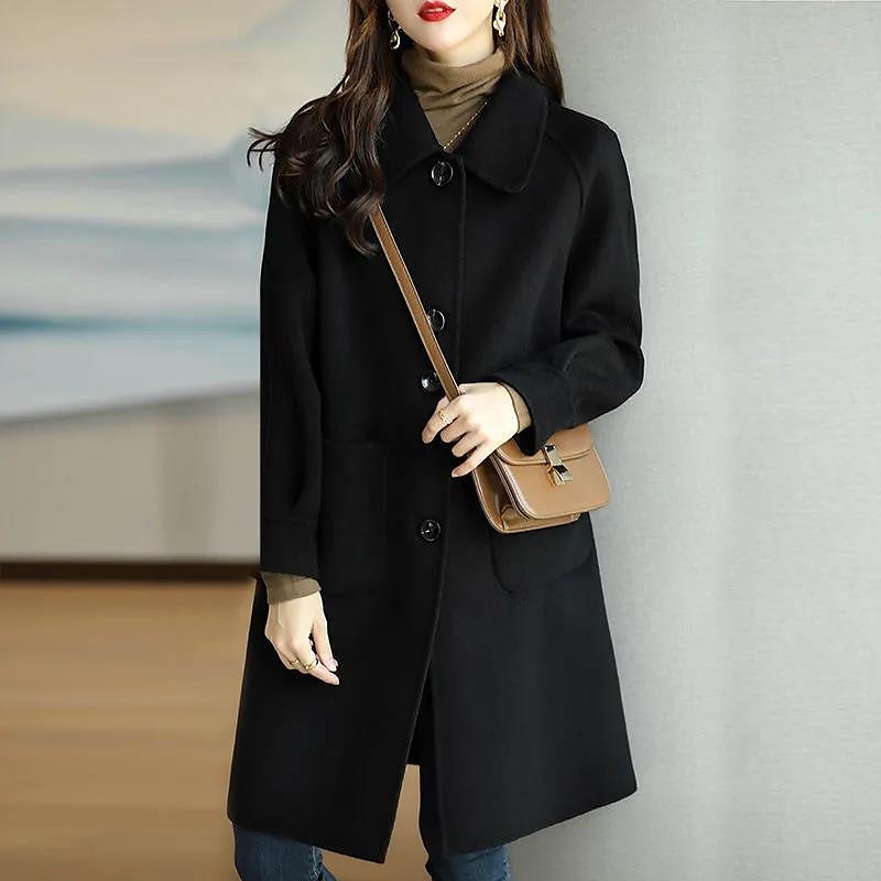 Women's Winter Coat Long Overcoat Single Breasted Lapel Pea Coat Thermal Warm Windproof Trench Coat with Pockets Elegant Outerwear Fall Outerwear Long Sleeve