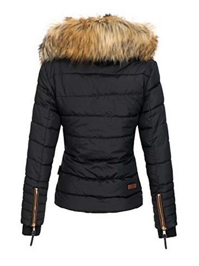 Women's Parka Fleece Puffer Jacket Winter Thicken Coat with Fur Collar Fall Drawstring Warm Heated Jacket with Pockets Long Sleeve Black