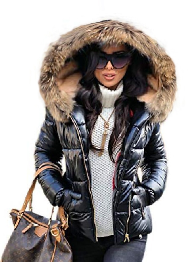 Women's Winter Coat Puffer Jacket Hoodie Jacket Fur Collar Street Causal Wear to Work Winter Fall Spring Slim Chic & Modern Casual Jacket Long Sleeve Classic Style