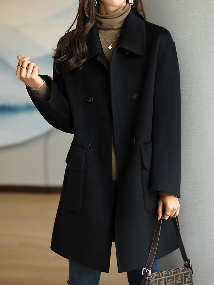 Women's Coat Winter Long Pea Coat Windproof Over Coat with Pockets Maillard Warm Fall Trench Coat Modern Casual Trendy Jacket Long Sleeve