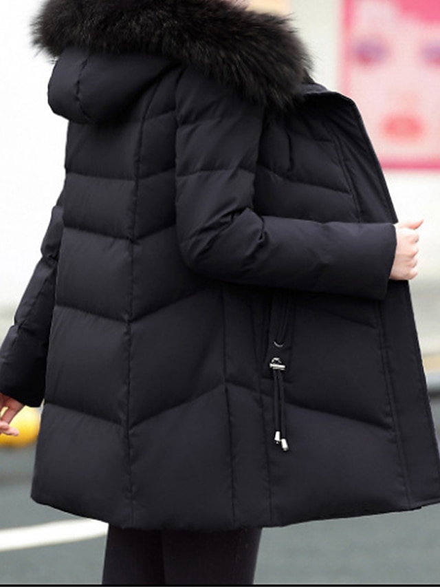 Women's Parka Long Puffer Jacket Winter Coat Thermal Warm Heated Coat with Fur Collar Hood Zipper Windproof Coat with Pockets Drawstring Outerwear