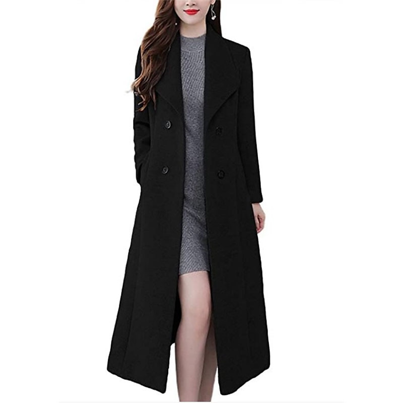 Women's Winter Coat Long Overcoat Double Breasted Lapel Pea Coat Thermal Warm Windproof Trench Coat with Pockets Elegant Slim Fit Lady Jacket Fall Outerwear Long Sleeve Black