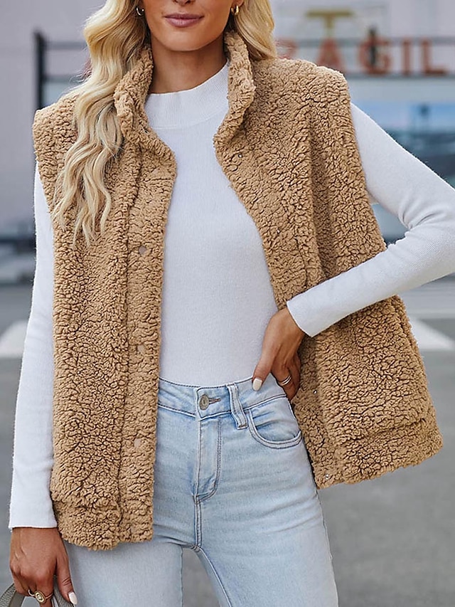 Women's Teddy Vest Fall Fleece Sherpa Jacket Winter Short Coat with Pockets Thermal Warm Windproof Comtemporary Casual Jacket