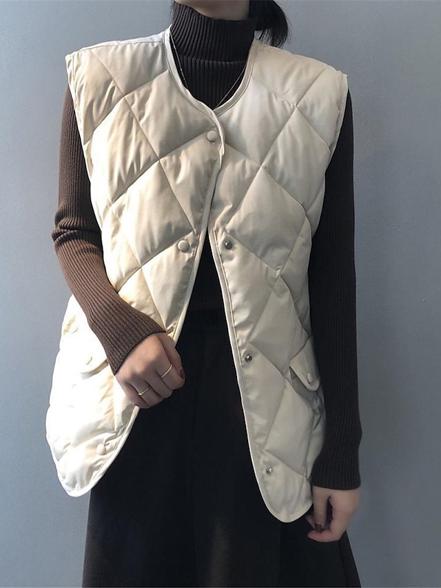 Women's Quilted Vest Winter Coat Warm Windproof Gilet with Pocket Single Breasted Sleeveless Parka Casual Plain Outerwear Fall Black Yellow Beige Lightweight