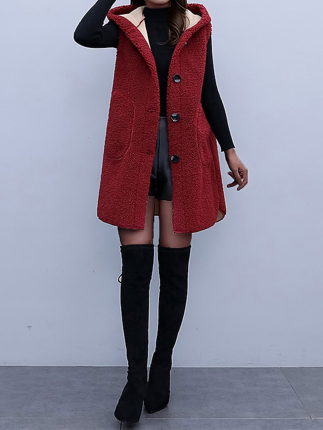 Women's Winter Coat Teddy Vest Fall Winter Long Sherpa Jacket Regular Fit Windproof Warm Contemporary Casual Street Style Jacket Sleeveless Plain with Pockets Wine Apricot
