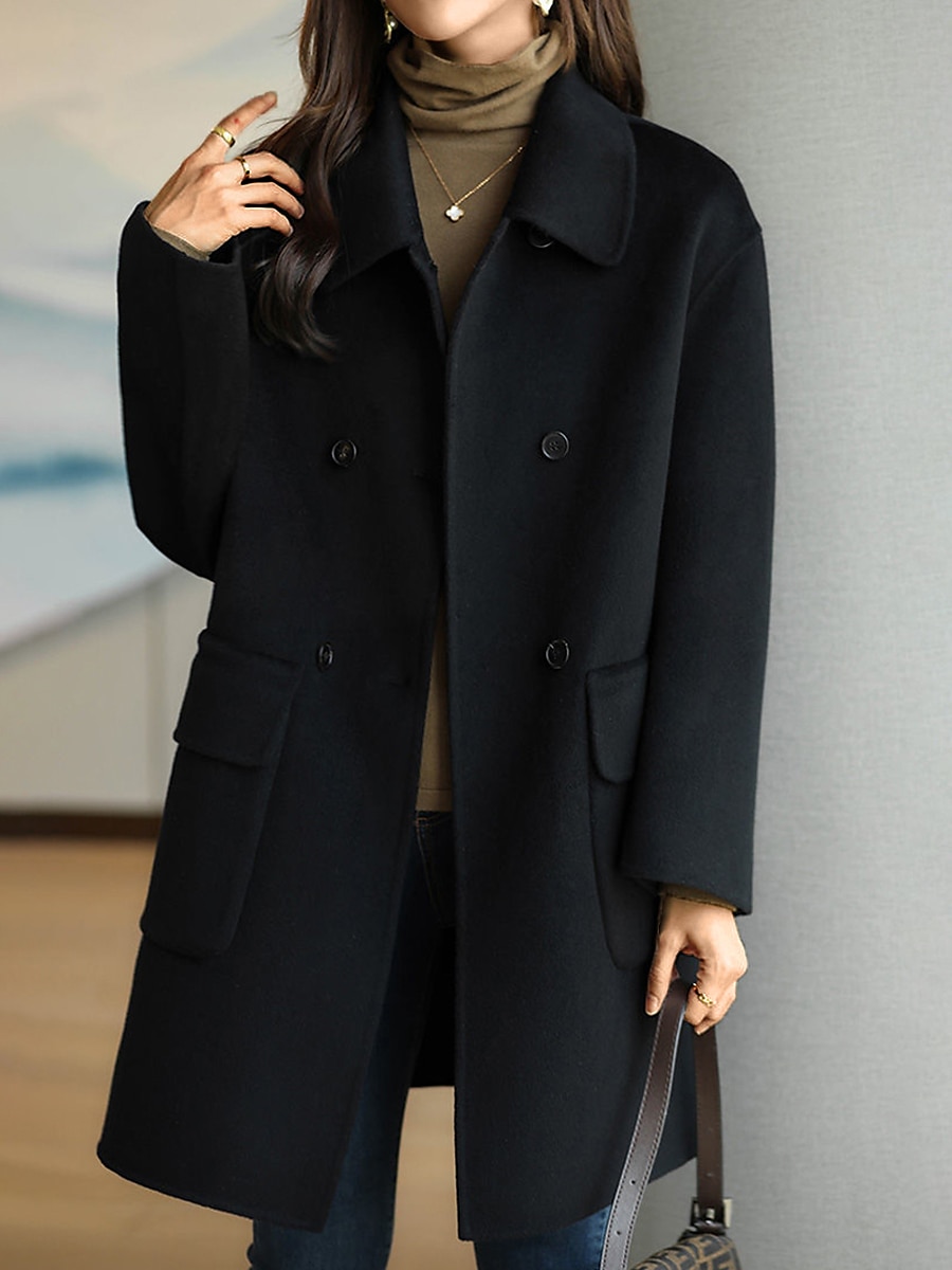 Women's Coat Winter Long Pea Coat Windproof Over Coat with Pockets Maillard Warm Fall Trench Coat Modern Casual Trendy Jacket Long Sleeve