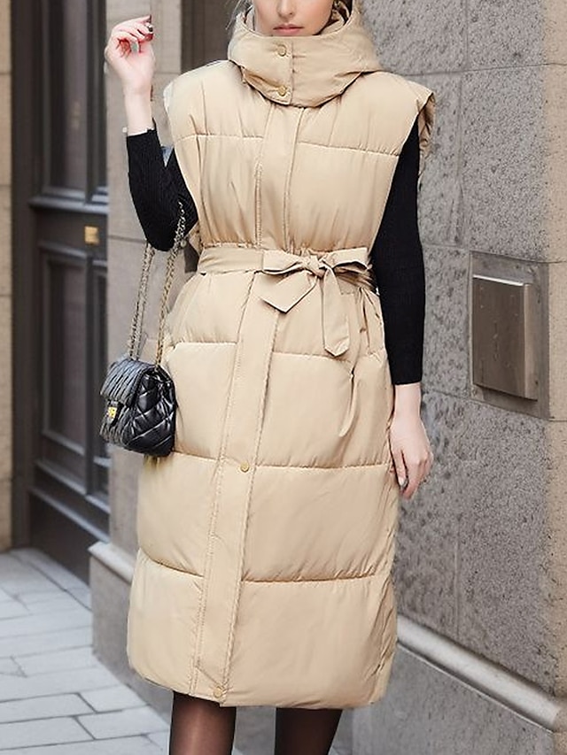 Women's Puffer Vest Winter Long Sleeveless Parka Fall Thermal Warm Puffer Gilet with Tie Belt Windproof Coat Casual Daily Street Style Jacket Fashion Quilted Jacket