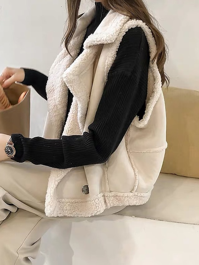 Women's Suede Vest Shearling Vest Fleece Lined Teddy Gilet Sleeveless Sherpa Jacket Winter Coat Fall Warm Windproof Lapel Coat Casual Street Plain Khaki Beige Gray