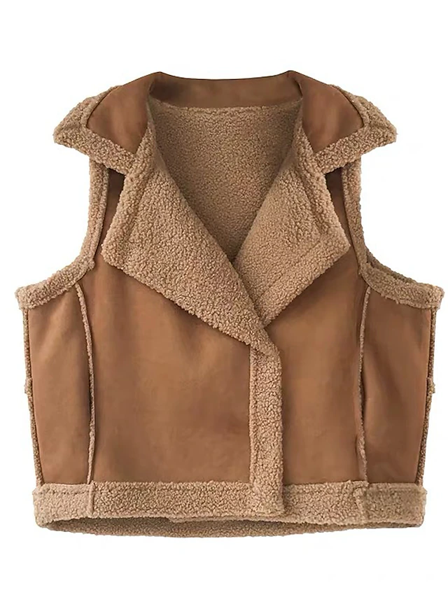 Women's Suede Vest Shearling Vest Fleece Lined Teddy Gilet Sleeveless Sherpa Jacket Winter Coat Fall Warm Windproof Lapel Coat Casual Street Plain Khaki Beige Gray