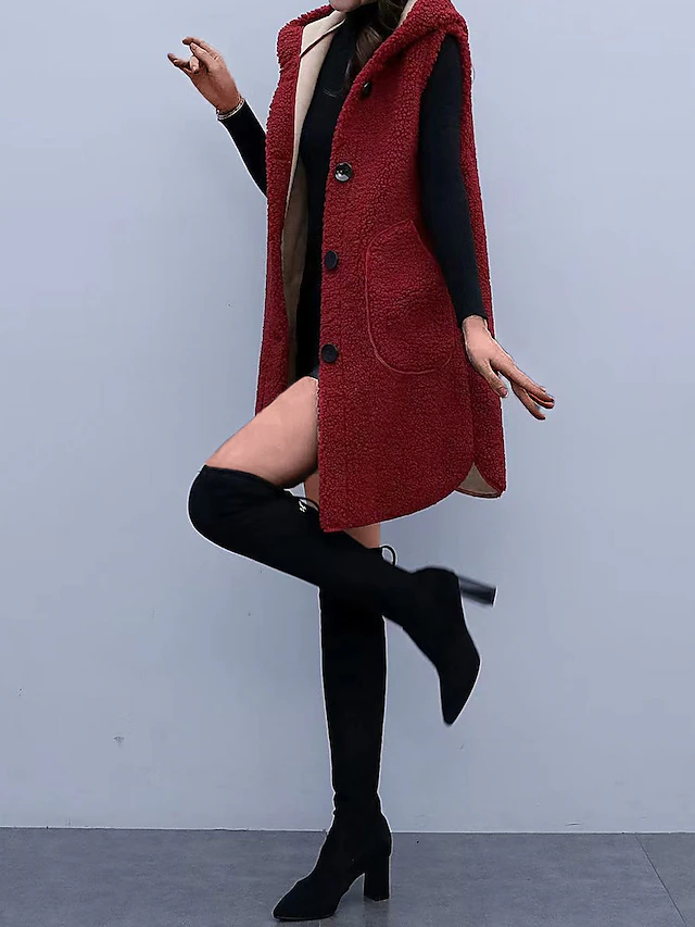 Women's Winter Coat Teddy Vest Fall Winter Long Sherpa Jacket Regular Fit Windproof Warm Contemporary Casual Street Style Jacket Sleeveless Plain with Pockets Wine Apricot