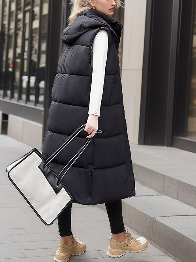 Women's Puffer Vest Winter Long Sleeveless Parka Fall Thermal Warm Puffer Gilet with Tie Belt Windproof Coat Casual Daily Street Style Jacket Fashion Quilted Jacket