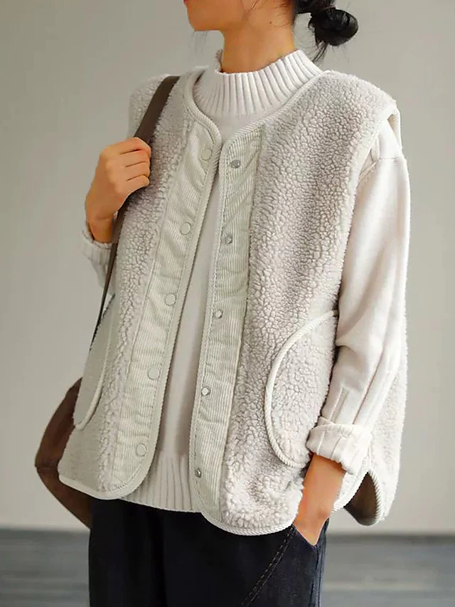 Women's Teddy Vest Winter Fleece Lined Sherpa Jacket Fall Sleeveless Gilet with Pocket Fleece Single Breasted Crewneck Warm Windproof Outerwear