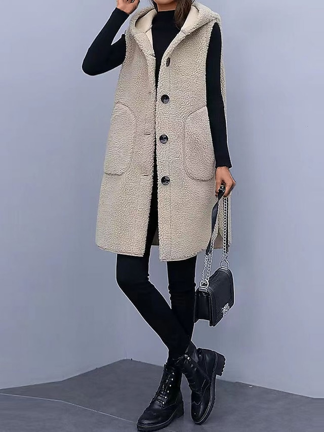 Women's Winter Coat Teddy Vest Fall Winter Long Sherpa Jacket Regular Fit Windproof Warm Contemporary Casual Street Style Jacket Sleeveless Plain with Pockets Wine Apricot