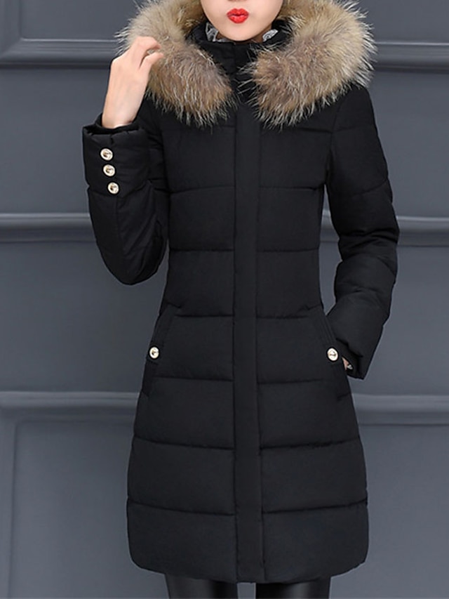 Women's Puffer Jacket Winter Jacket Winter Coat Street Daily Valentine's Day Fall Winter Long Coat Stand Collar Regular Fit Warm Casual Jacket Long Sleeve Plain Fur Trim Pocket