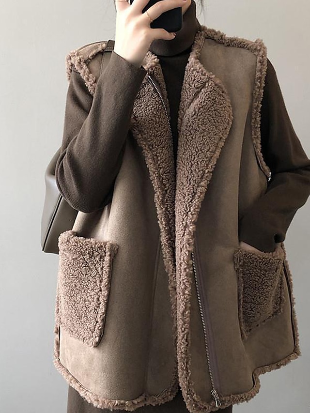 Women's Shearling Vest Fleece Teddy Vest Reversible Sherpa Jacket Winter Coat Warm Windproof Gilet Zipper Fleece Lined Sleeveless Jacket Outerwear Fall Black Coffee