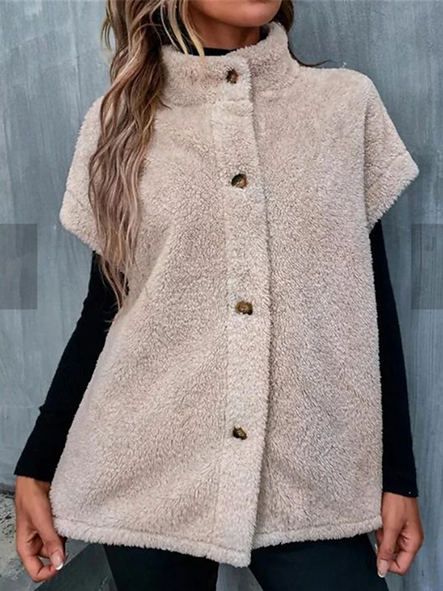 Women's Teddy Vest Fall Fleece Sleeveless Sherpa Jacket Winter Lightweight Thermal Warm Windproof Coat Stand Collar Casual Street Jacket