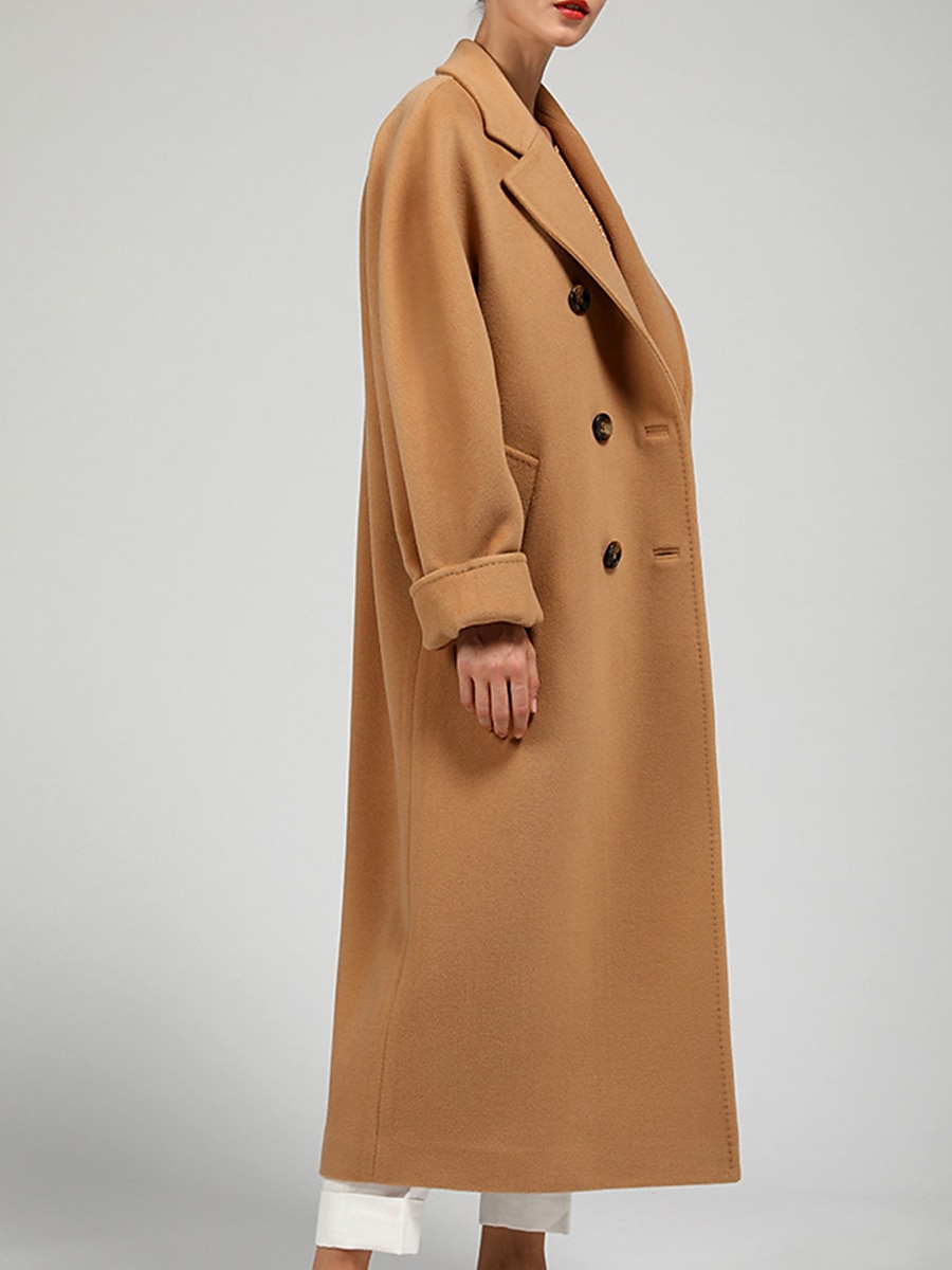Women's Wool Blend Coat Winter Long Overcoat Double Breasted Notched Lapel Pea Coat Fall Windproof Warm Trench Coat Jacket with Pockets Oversized Fashion Daily Casual Street Outerwear Long Sleeve