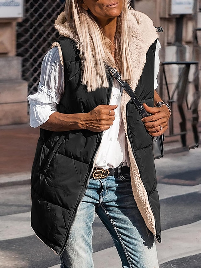 Women's Puffer Vest Winter Long Teddy Parka with Hood Reversible Fleece Sleeveless Warm Windproof Street Daily Wear with Pockets Fall Zip up Coat Comtemporary Stylish Jacket