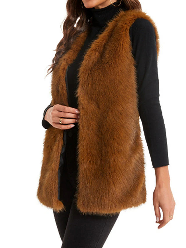 Women's Faux Fur Vest Mink Fur Vest Winter Fleece Gilet Fall Windproof Warm Sleeveless Coat Open Front Jacket Outerwear Brown