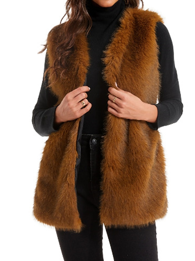 Women's Faux Fur Vest Mink Fur Vest Winter Fleece Gilet Fall Windproof Warm Sleeveless Coat Open Front Jacket Outerwear Brown