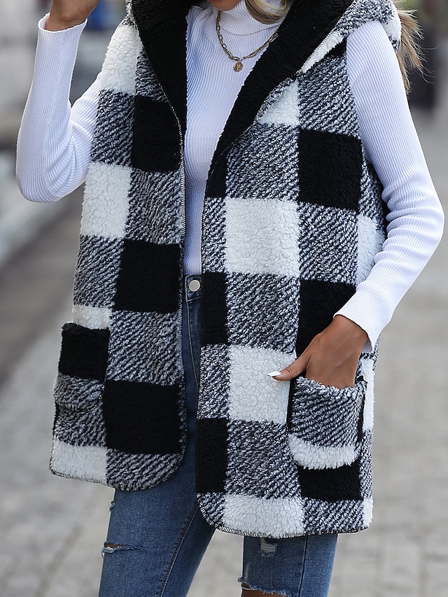 Women's Teddy Vest Fall Fleece Long Teddy Coat Winter Warm Windproof Plaid Jacket with Pockets Zipper Regular Coat Loose Fit Stylish Street Style Jacket Sleeveless Stripes Print Black