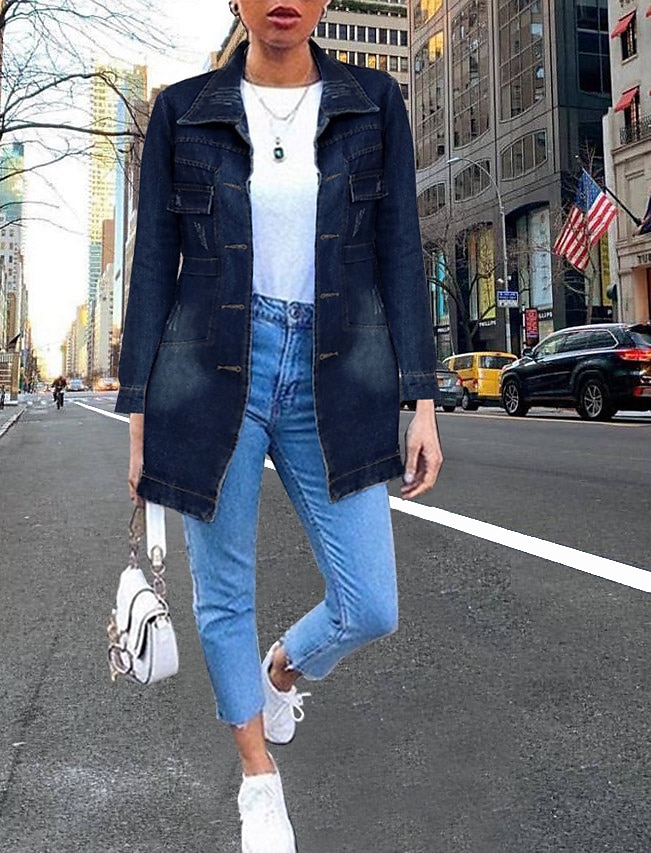Women's Denim Jacket Outdoor Street Daily Spring Fall Long Coat Regular Fit Breathable Casual Jacket Long Sleeve