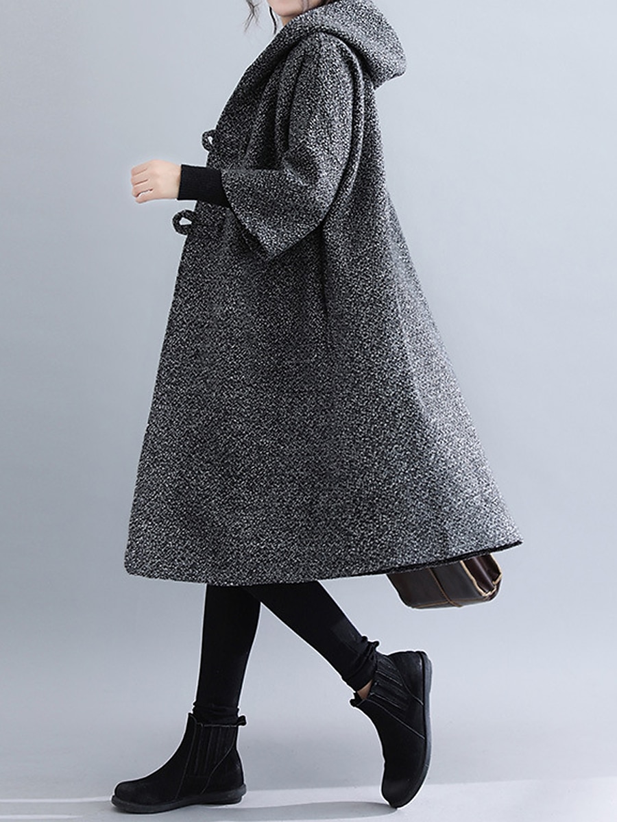 Women's Wool Blend Coat Winter Long Overcoat Single Breasted Pea Coat with Hood Fall Windproof Warm Trench Coat Jacket with Pockets Oversized Fashion Daily Casual Street Outerwear Long Sleeve