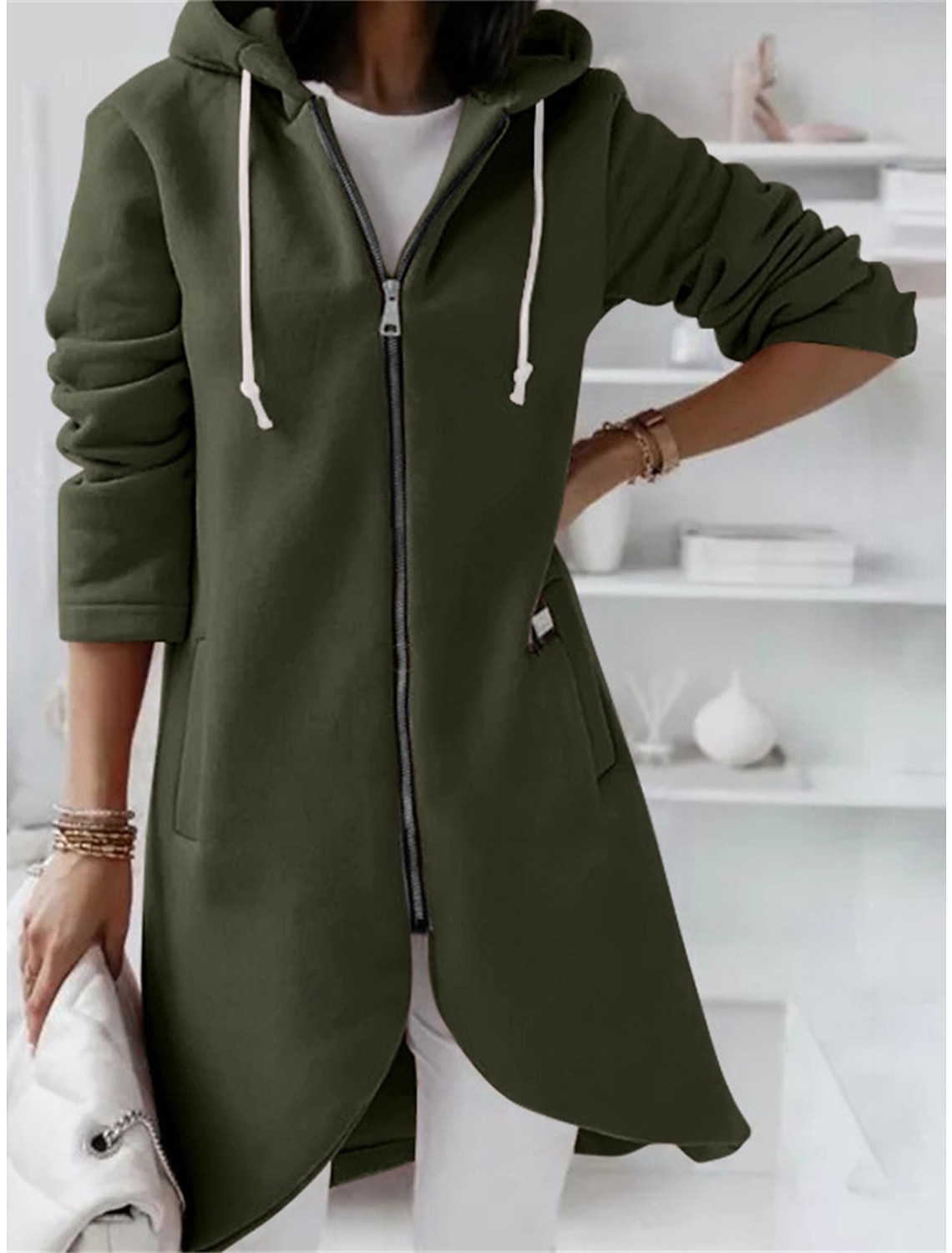 Women's Hoodie Jacket Fall Long Coat Windproof Warm Overcoat with Pocket Zipper Sport Drawstring Casual Minimalism Outerwear Long Sleeve