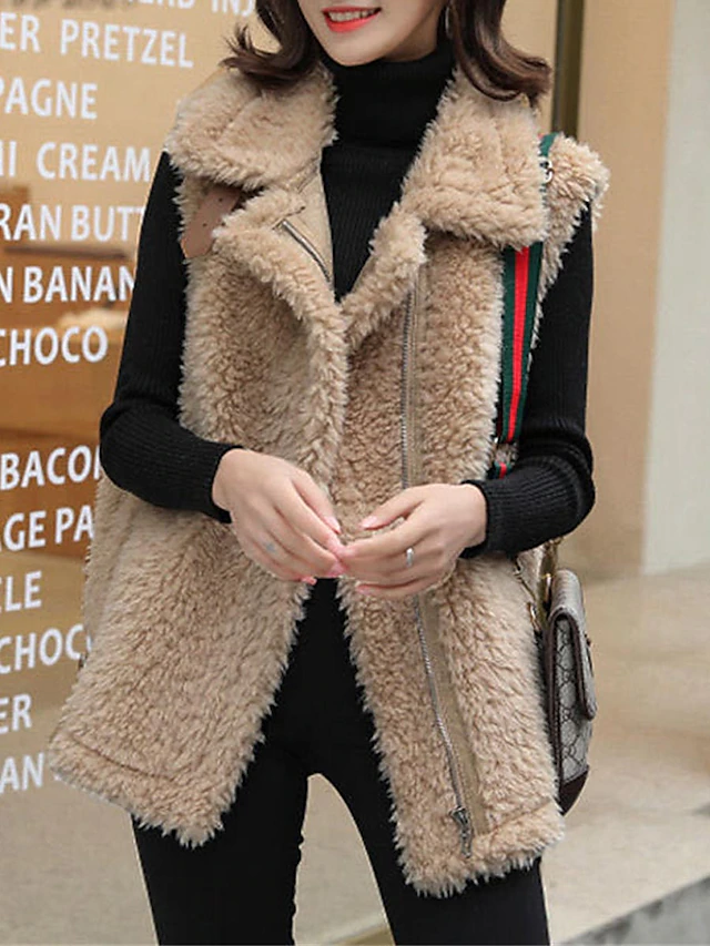Women's Teddy Vest Fall Warm Zippper Sherpa Jacket Winter Coat with Pockets Warm Windproof Stylish Modern Style Casual Jacket Sleeveless