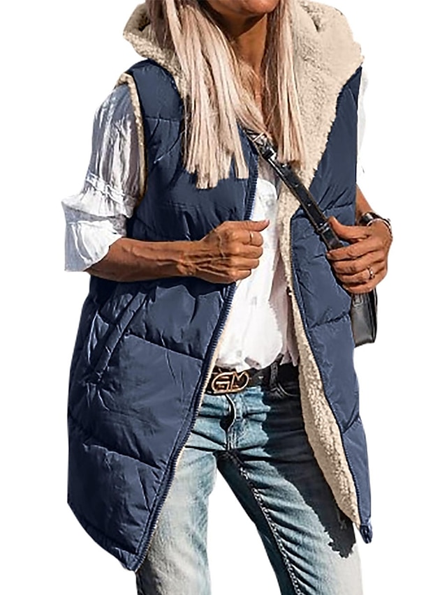 Women's Puffer Vest Winter Long Teddy Parka with Hood Reversible Fleece Sleeveless Warm Windproof Street Daily Wear with Pockets Fall Zip up Coat Comtemporary Stylish Jacket