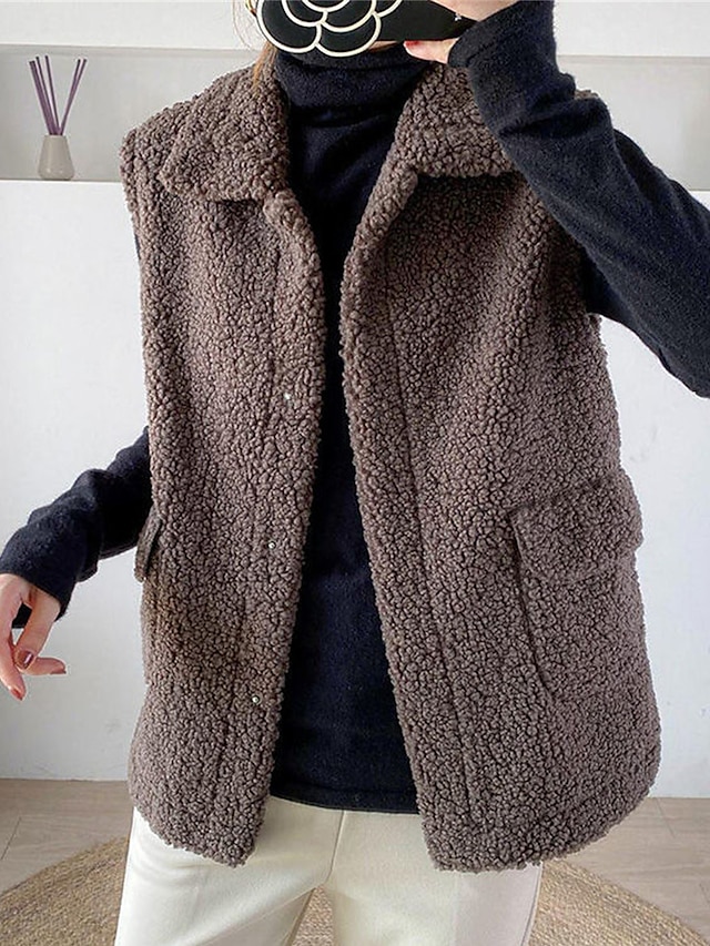 Women's Teddy Vest Winter Sherpa Jacket Winter Crop Coat with Pockets Regular Fit Windproof Warm Stylish Modern Style Plush Jacket Sleeveless Plain Khaki Beige Coffee