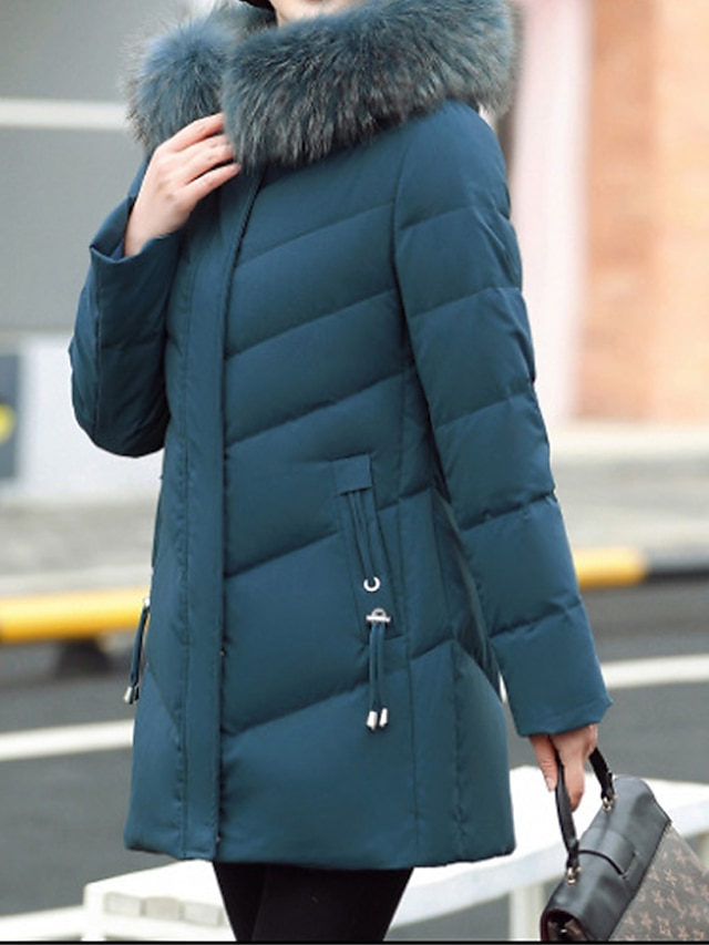 Women's Parka Long Puffer Jacket Winter Coat Thermal Warm Heated Coat with Fur Collar Hood Zipper Windproof Coat with Pockets Drawstring Outerwear