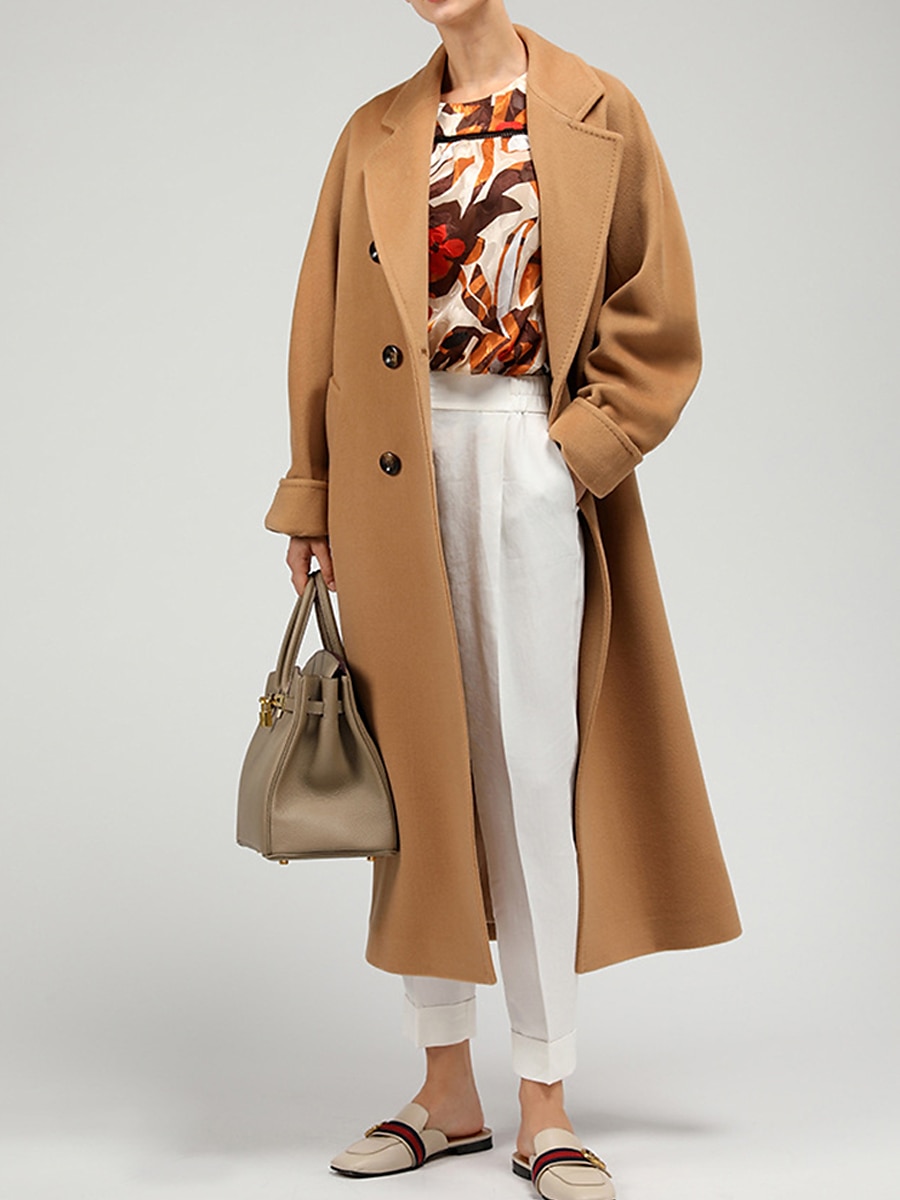 Women's Wool Blend Coat Winter Long Overcoat Double Breasted Notched Lapel Pea Coat Fall Windproof Warm Trench Coat Jacket with Pockets Oversized Fashion Daily Casual Street Outerwear Long Sleeve