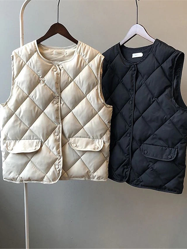 Women's Quilted Vest Winter Coat Warm Windproof Gilet with Pocket Single Breasted Sleeveless Parka Casual Plain Outerwear Fall Black Yellow Beige Lightweight