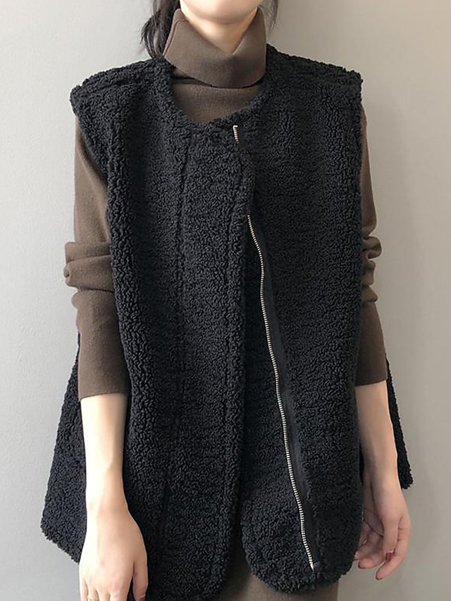 Women's Shearling Vest Fleece Teddy Vest Reversible Sherpa Jacket Winter Coat Warm Windproof Gilet Zipper Fleece Lined Sleeveless Jacket Outerwear Fall Black Coffee