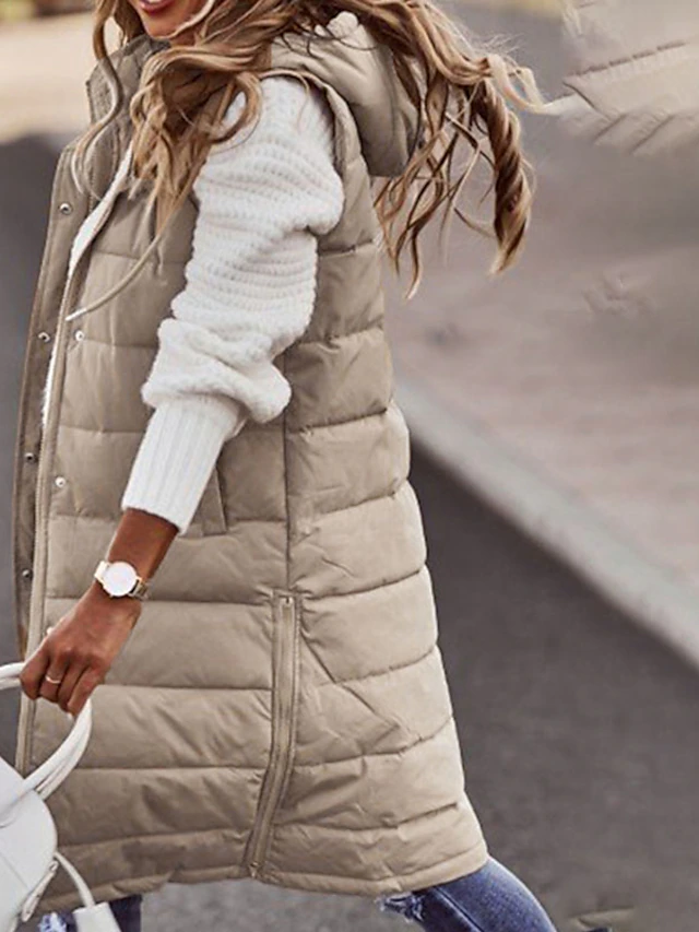 Women's Winter Jacket Long Puffer Vest Fall Maillard Outdoor Street Daily Winter Fall Long Coat Regular Fit Windproof Warm Casual Jacket Sleeveless Solid