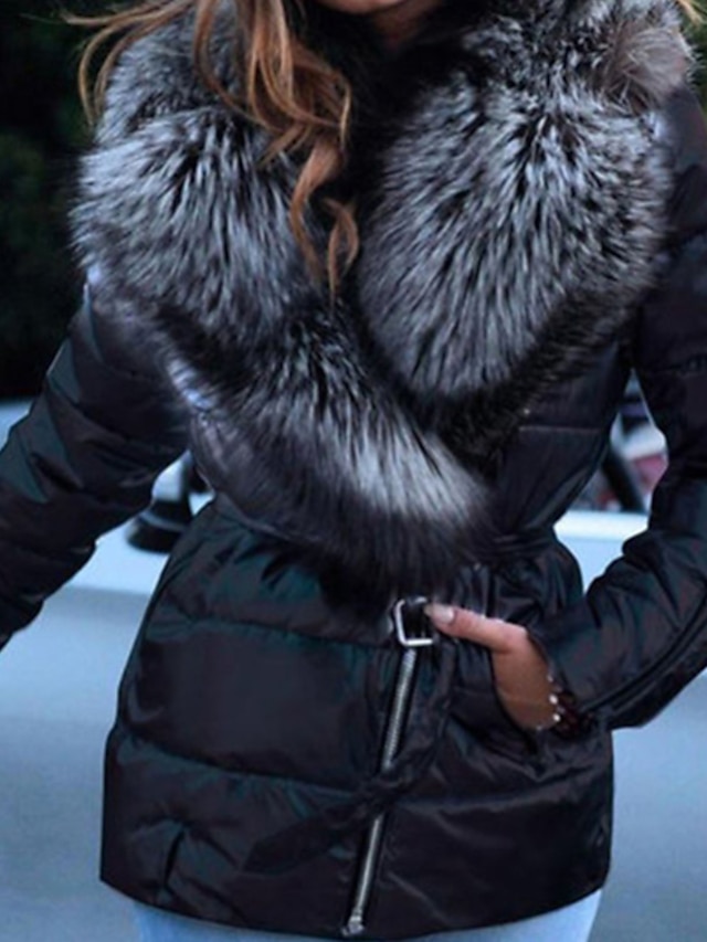 Women's Winter Jacket Winter Coat Parka Warm Comfortable Street Holiday Vacation Going out Patchwork Pocket Fur Collar Zipper Turndown Active Fashion Modern Street Style Solid