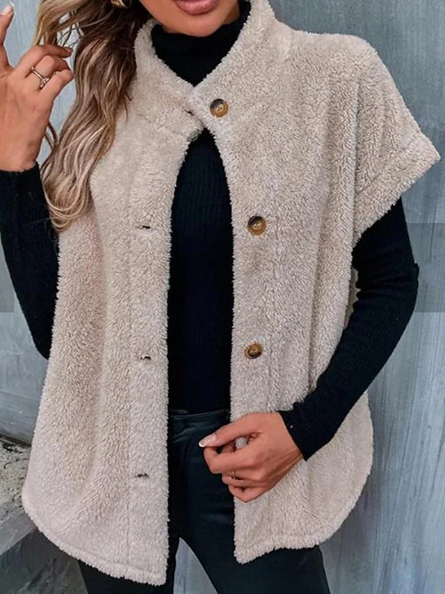 Women's Teddy Vest Fall Fleece Sleeveless Sherpa Jacket Winter Lightweight Thermal Warm Windproof Coat Stand Collar Casual Street Jacket