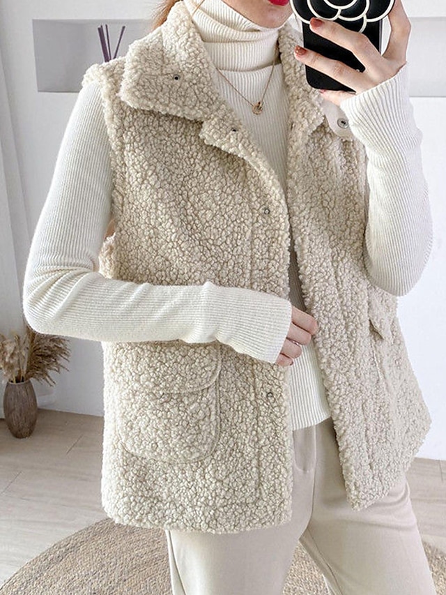 Women's Teddy Vest Winter Sherpa Jacket Winter Crop Coat with Pockets Regular Fit Windproof Warm Stylish Modern Style Plush Jacket Sleeveless Plain Khaki Beige Coffee