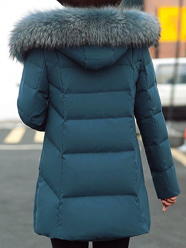 Women's Parka Long Puffer Jacket Winter Coat Thermal Warm Heated Coat with Fur Collar Hood Zipper Windproof Coat with Pockets Drawstring Outerwear