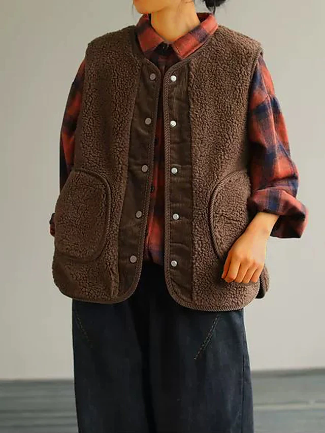 Women's Teddy Vest Winter Fleece Lined Sherpa Jacket Fall Sleeveless Gilet with Pocket Fleece Single Breasted Crewneck Warm Windproof Outerwear