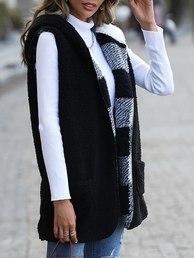 Women's Teddy Vest Fall Fleece Long Teddy Coat Winter Warm Windproof Plaid Jacket with Pockets Zipper Regular Coat Loose Fit Stylish Street Style Jacket Sleeveless Stripes Print Black