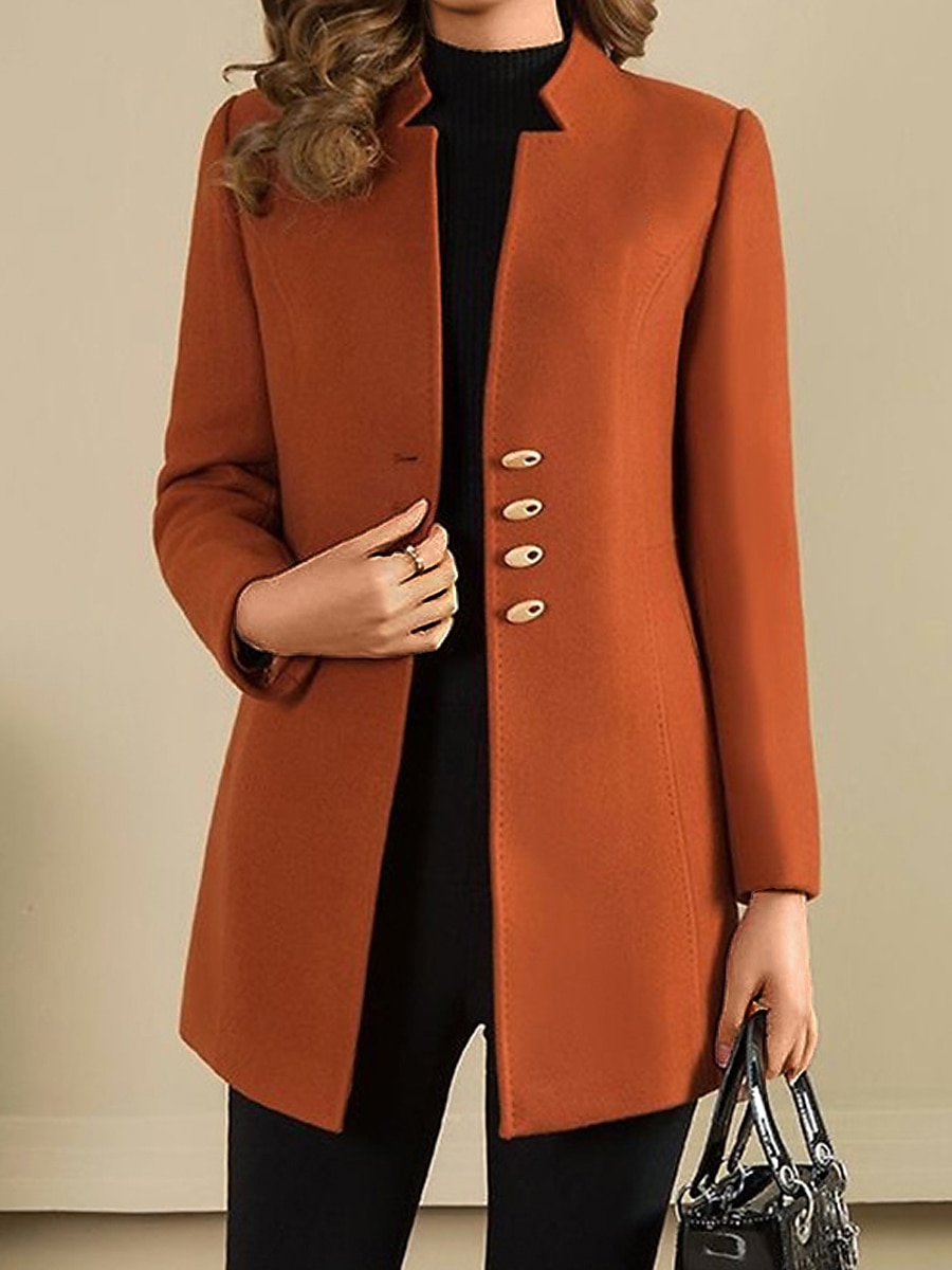 Women's Wool Blend Blazer Winter Coat Single Breasted Stand Collar Pea Coat Fall Slim Fit Thermal Warm Overcoat Formal Stylish Modern Jacket Long Sleeve