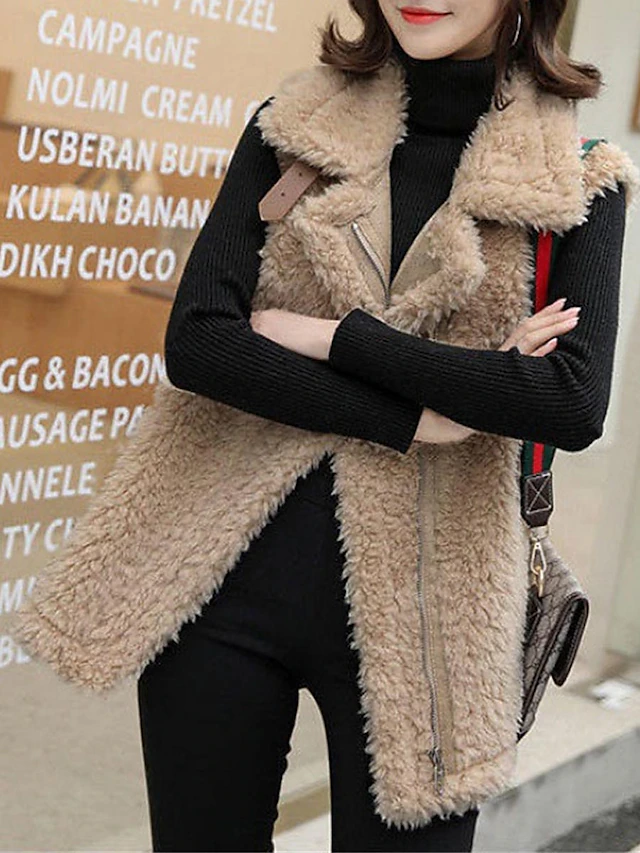 Women's Teddy Vest Fall Warm Zippper Sherpa Jacket Winter Coat with Pockets Warm Windproof Stylish Modern Style Casual Jacket Sleeveless