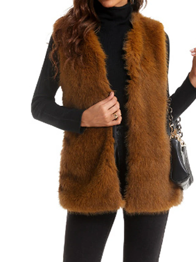 Women's Faux Fur Vest Mink Fur Vest Winter Fleece Gilet Fall Windproof Warm Sleeveless Coat Open Front Jacket Outerwear Brown