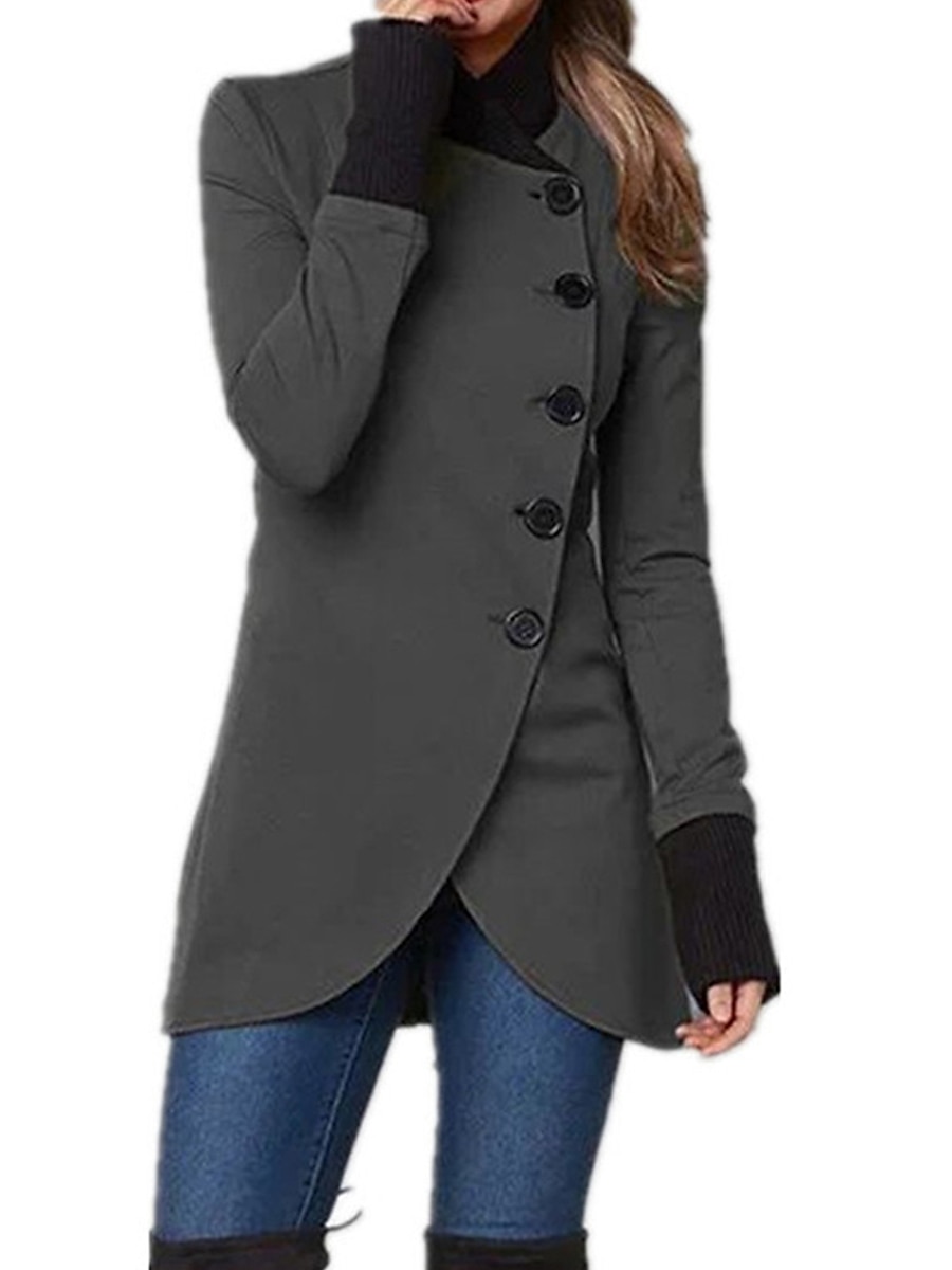 Women's Overcoat Long Pea Coat Single Breasted Stand Collar Trench Coat Slim Fit Winter Coat Windproof Warm Comtemporary Stylish Casual Jacket Long Sleeve