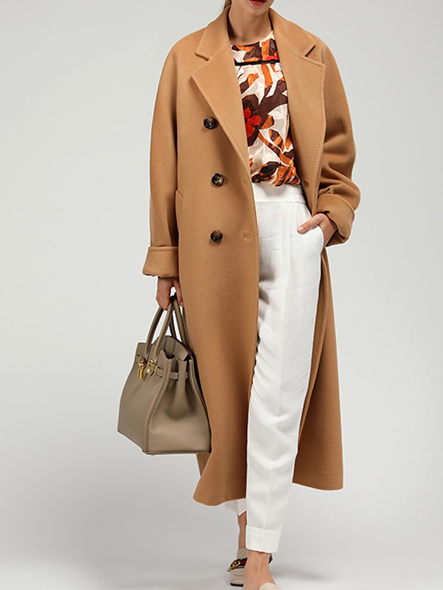 Women's Wool Blend Coat Winter Long Overcoat Double Breasted Notched Lapel Pea Coat Fall Windproof Warm Trench Coat Jacket with Pockets Oversized Fashion Daily Casual Street Outerwear Long Sleeve