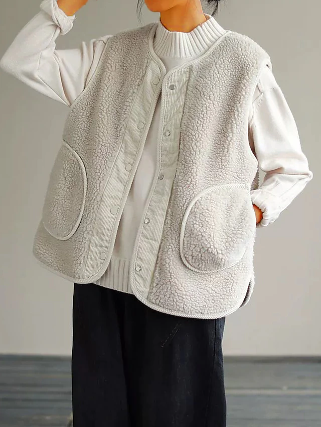 Women's Teddy Vest Winter Fleece Lined Sherpa Jacket Fall Sleeveless Gilet with Pocket Fleece Single Breasted Crewneck Warm Windproof Outerwear