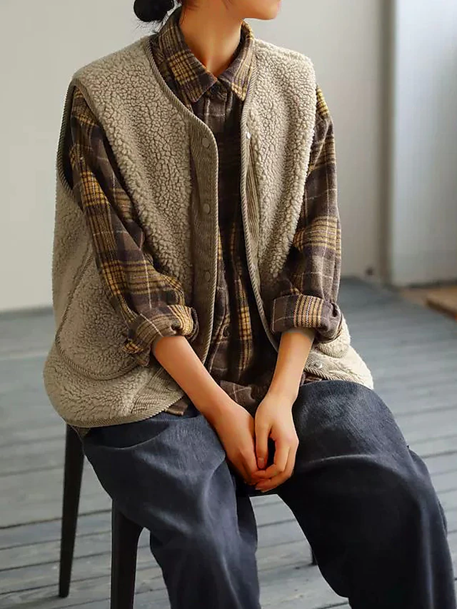 Women's Teddy Vest Winter Fleece Lined Sherpa Jacket Fall Sleeveless Gilet with Pocket Fleece Single Breasted Crewneck Warm Windproof Outerwear