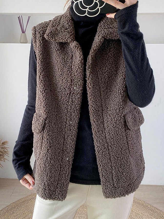 Women's Teddy Vest Winter Sherpa Jacket Winter Crop Coat with Pockets Regular Fit Windproof Warm Stylish Modern Style Plush Jacket Sleeveless Plain Khaki Beige Coffee